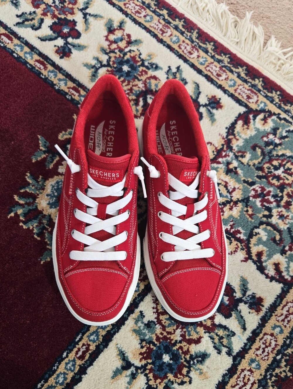Skechers Men's Red Canvas Lace-Up Sneakers with White Laces